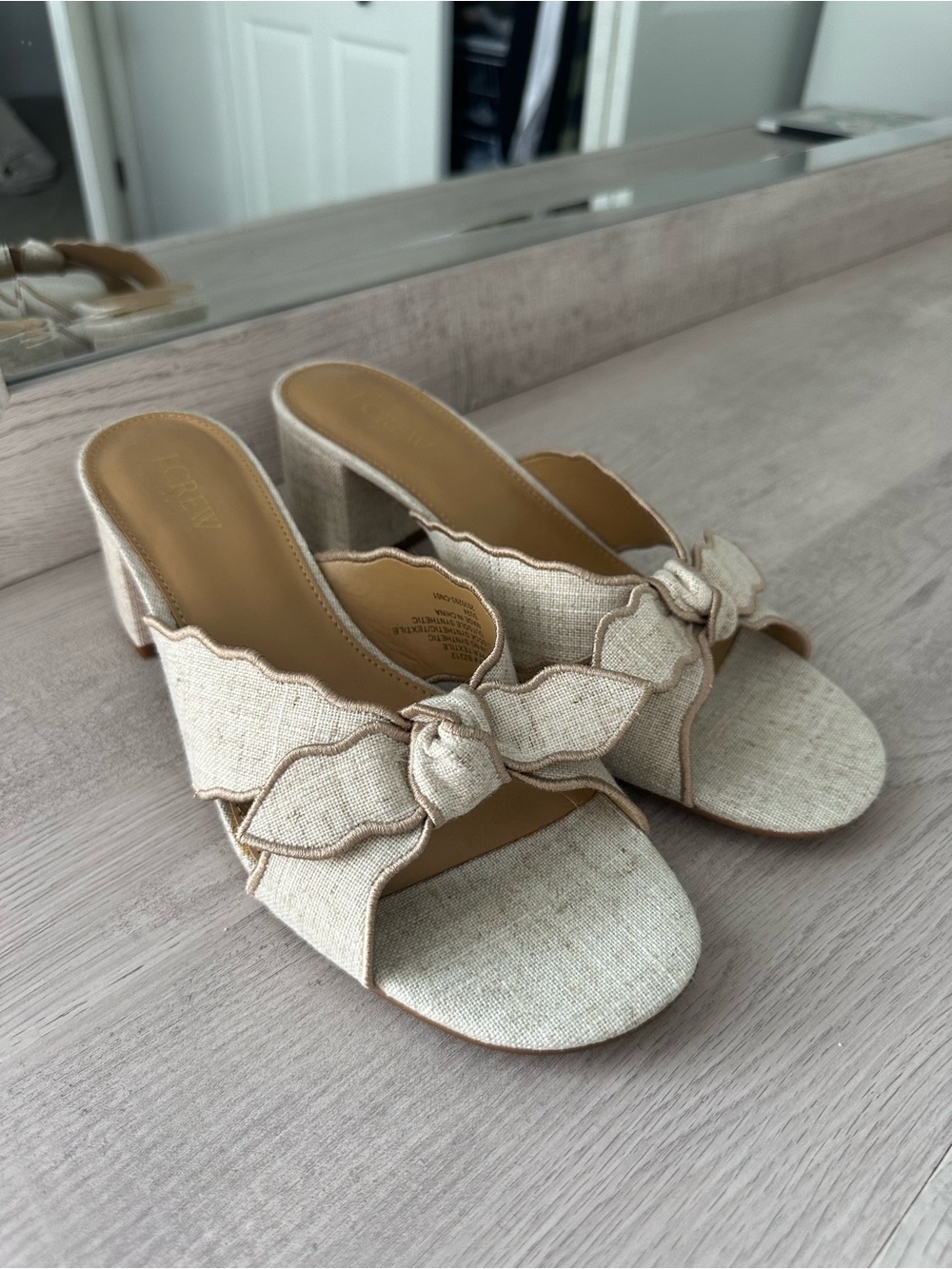 J. Crew Beige Linen Knot-Detail Heeled Slides